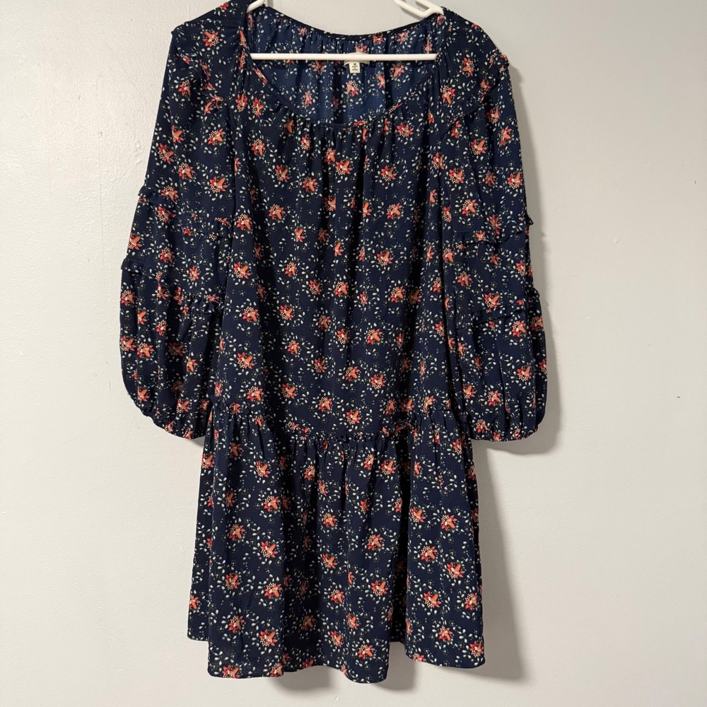 Max Studio Navy Floral Print Tiered Ruffle Balloon Sleeve Mini Dress Size Medium